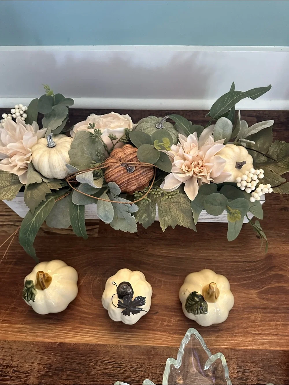 Neutral Autumn Floral Wreath with Mini Pumpkin Accents